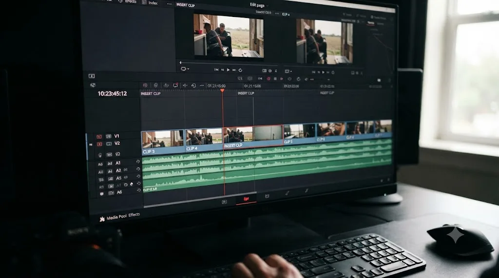 Illustration of an insert edit on a DaVinci Resolve timeline pushing clips forward