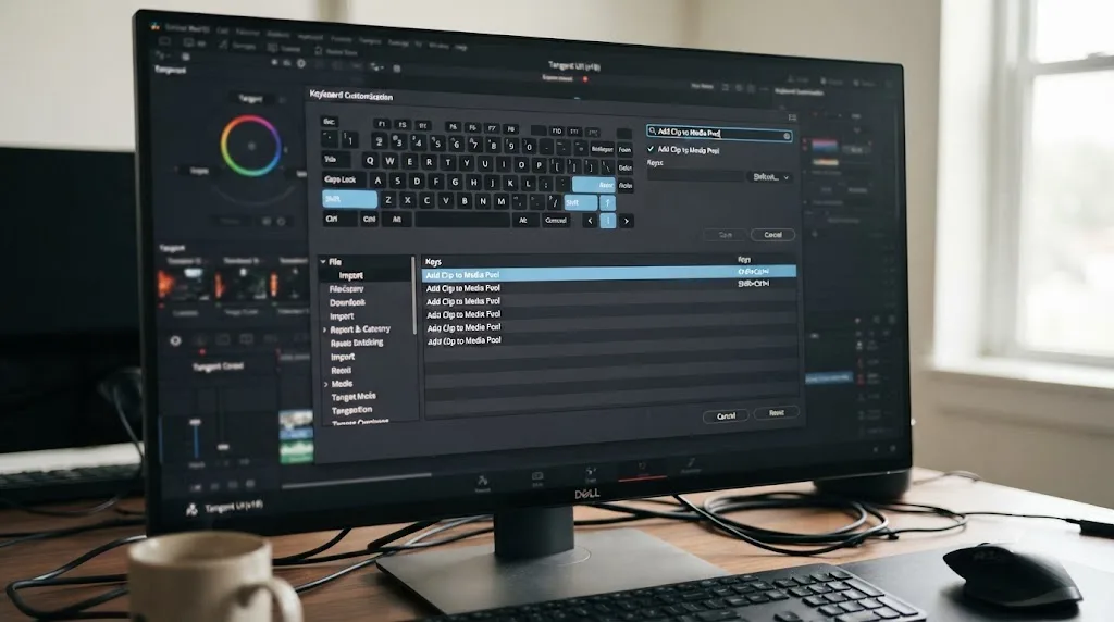 Illustration of searching for a command's current key binding in DaVinci Resolve Keyboard Customization