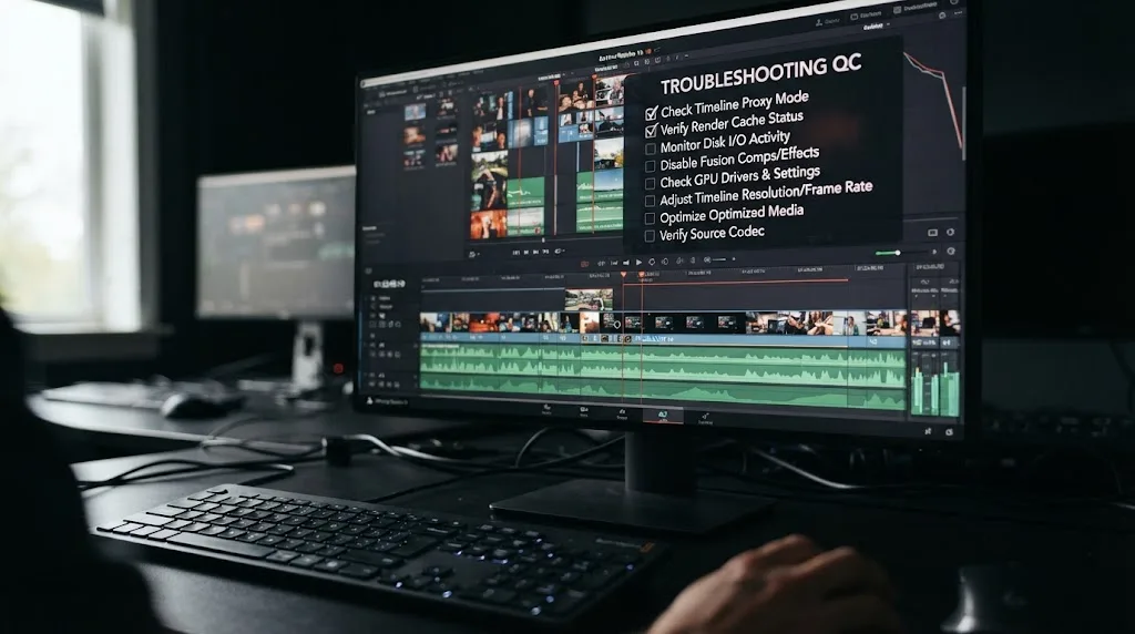 Illustration of a troubleshooting checklist overlaid on a DaVinci Resolve timeline
