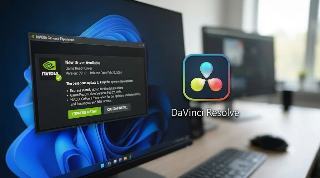 Illustration of a graphics driver update dialog next to DaVinci Resolve