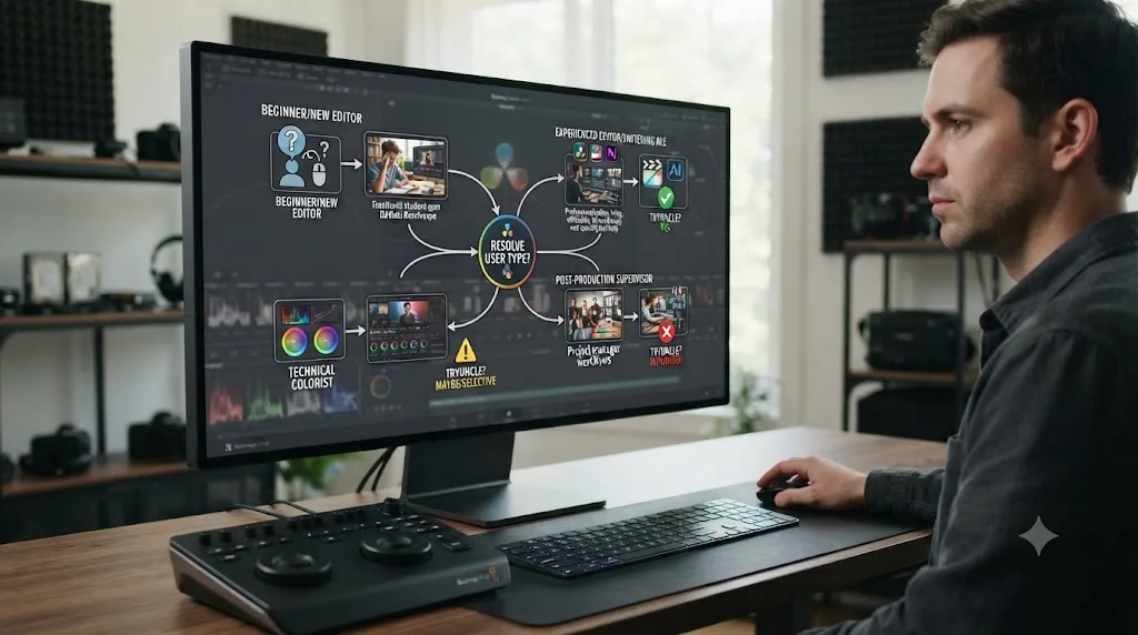 Illustration of a decision chart matching DaVinci Resolve user types to whether an AI tutor tool fits them