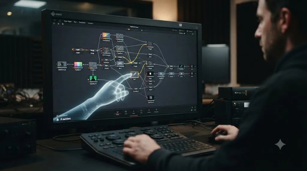 Illustration of a Fusion node tree in DaVinci Resolve with an AI tutor pointing at one connection