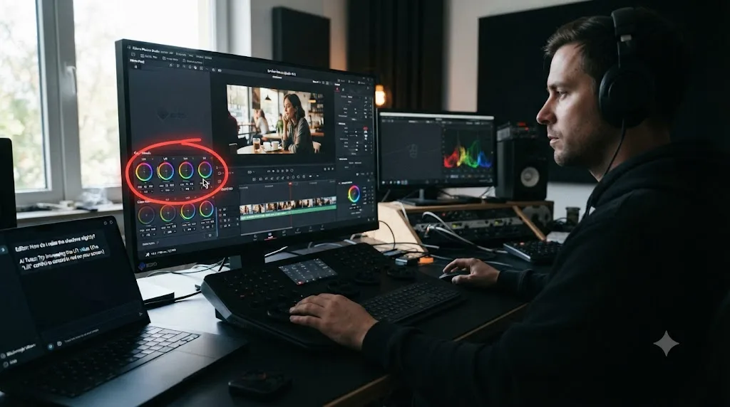 Illustration of a step-by-step DaVinci Resolve session with an AI tutor circling a control