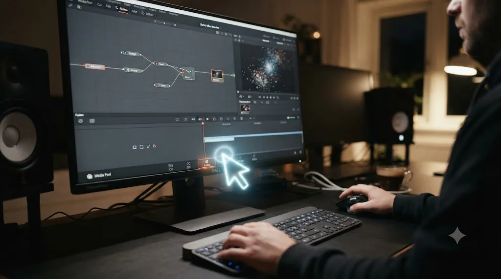Illustration of the Edit, Color, and Fusion pages in DaVinci Resolve with one highlighted by an AI tutor