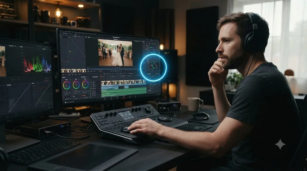 Illustration of a colorist working through a stuck moment on a wedding video timeline with an AI tutor circling an icon