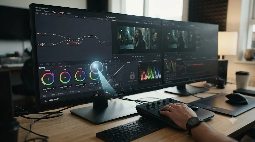 Illustration of an AI tutor pointing at a control on the DaVinci Resolve Color page, with the Fairlight audio page shown as not yet covered