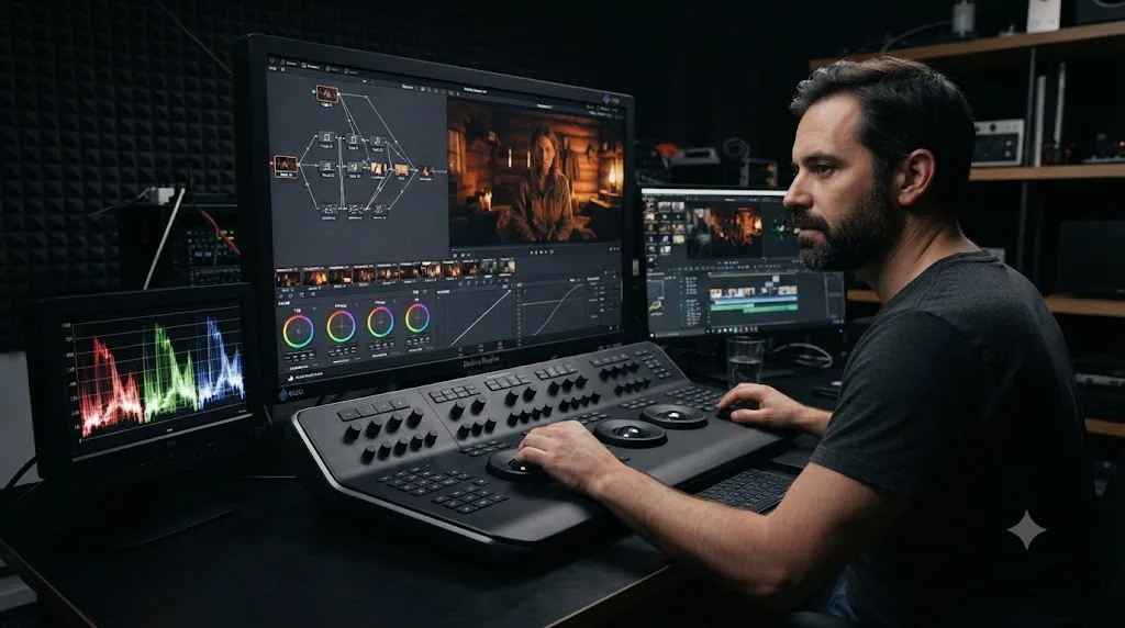 Illustration of a colorist building a multi-node color grade on the DaVinci Resolve Color page