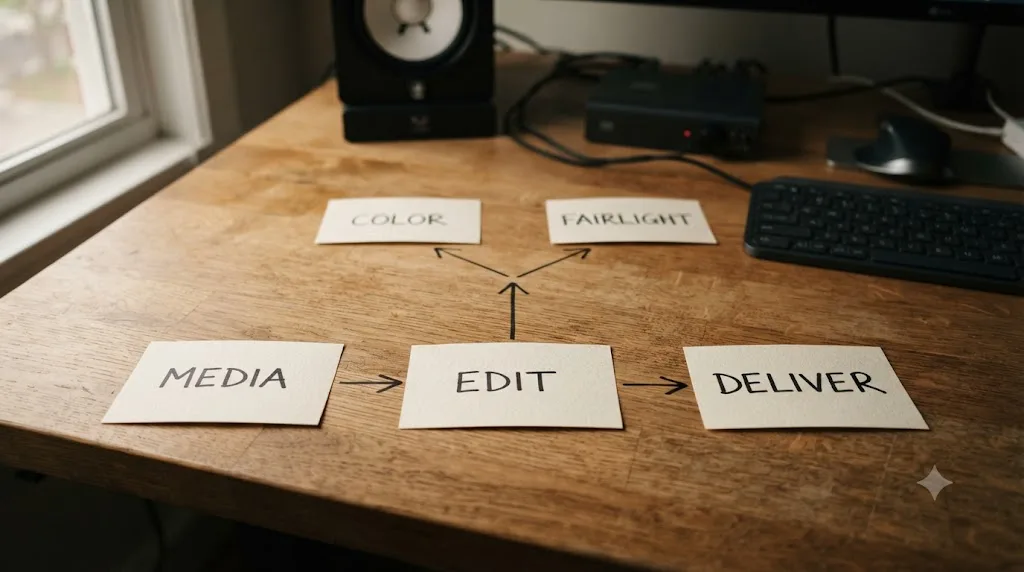 Illustration of a flowchart showing DaVinci Resolve editing as the required first step before color or audio branch off