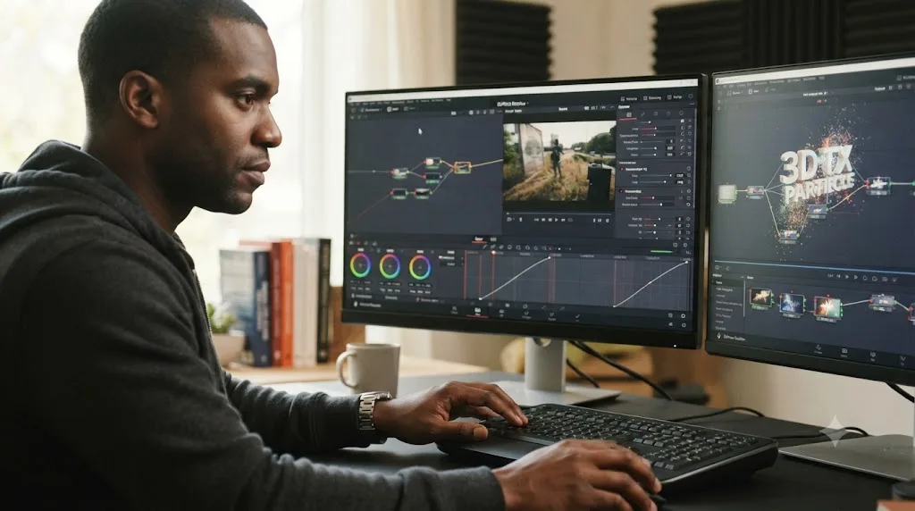 Illustration of DaVinci Resolve's Fusion page shown as a separate, later skill outside the editing, color, and audio decision