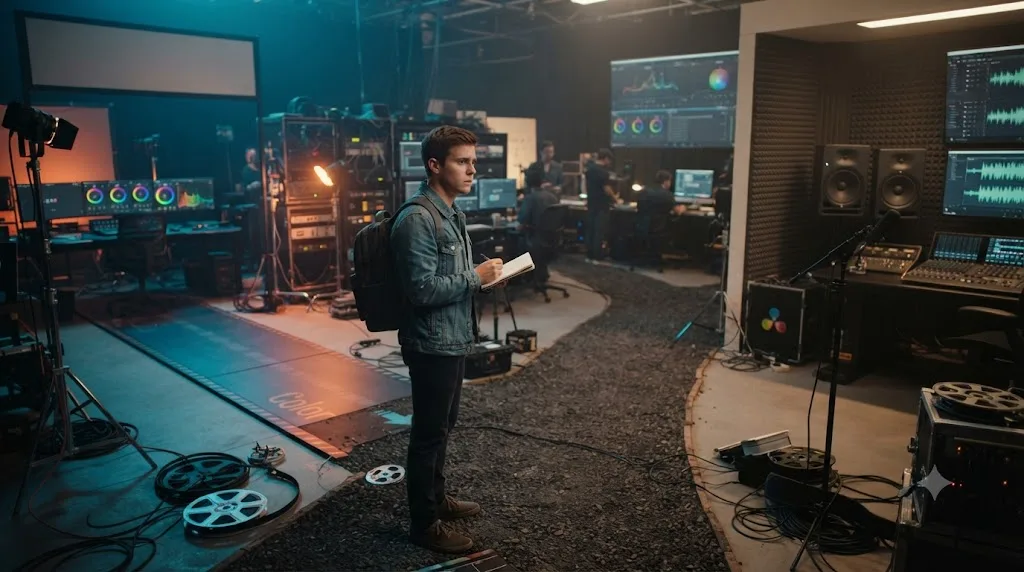 Illustration of a beginner choosing between a color grading path and an audio mixing path inside DaVinci Resolve