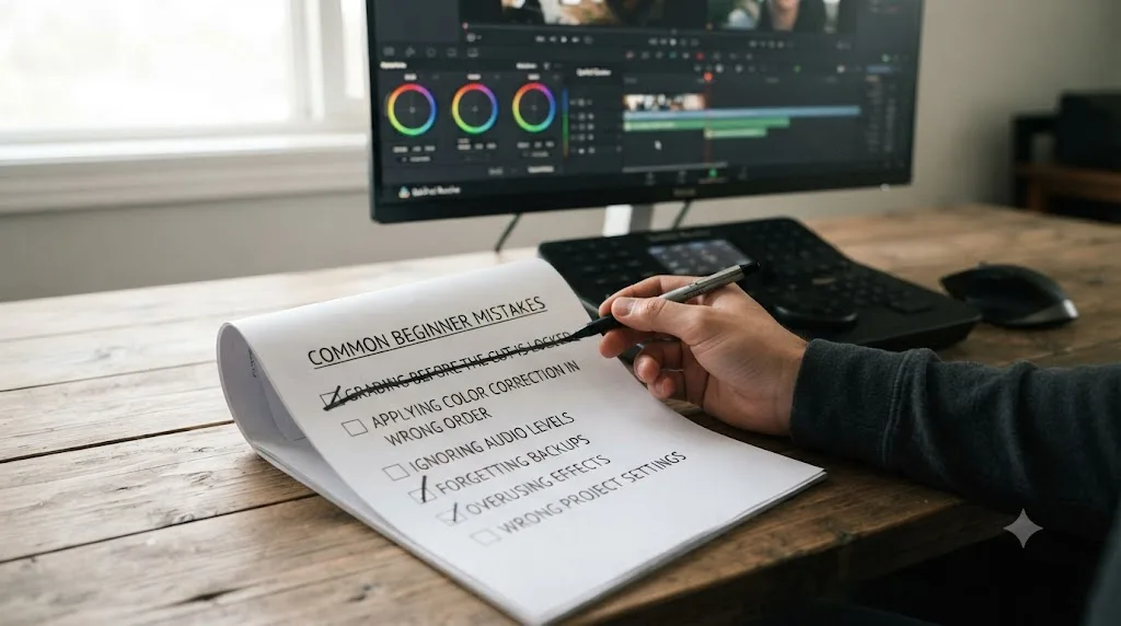 Illustration of a checklist highlighting common sequencing mistakes beginners make in DaVinci Resolve
