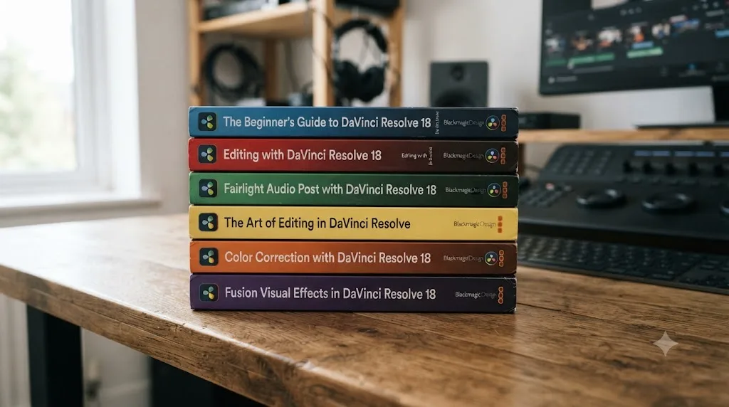 Illustration of Blackmagic Design's official DaVinci Resolve training books stacked in their published order