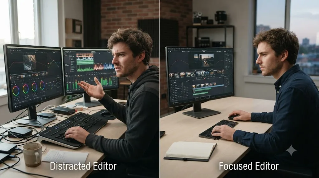 Illustration comparing a distracted editor splitting time between DaVinci Resolve color and audio with a focused editor on one page