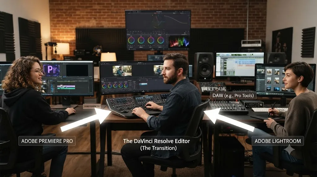 Illustration of editors switching from Premiere Pro, a DAW, and Lightroom, each showing which DaVinci Resolve skill their prior experience transfers to