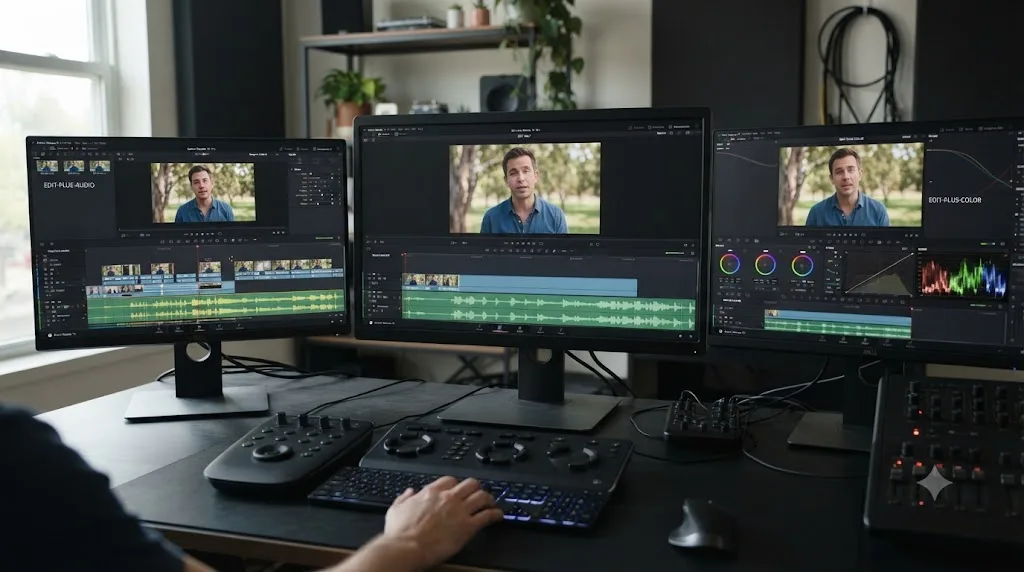 Illustration comparing three finished versions of the same DaVinci Resolve project with editing only, editing plus audio, and editing plus color