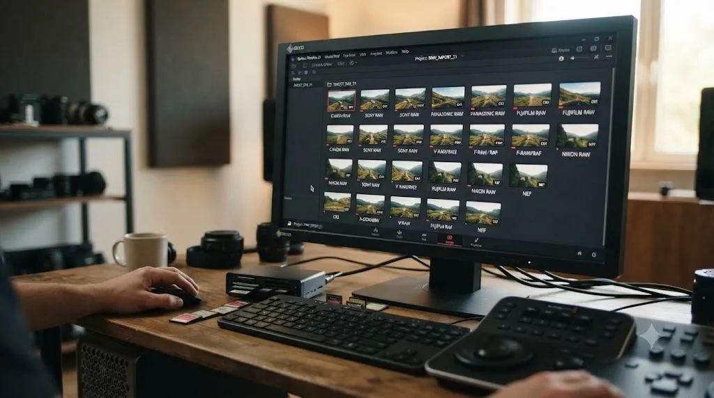 Illustration of camera RAW file formats from multiple manufacturers being imported into DaVinci Resolve 21