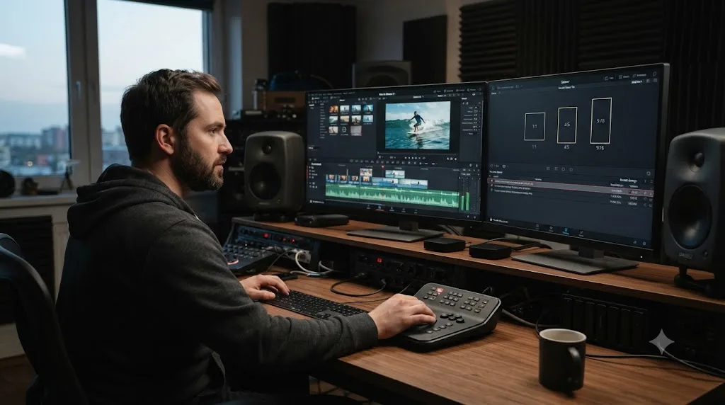 Illustration of a DaVinci Resolve 21 timeline being exported in vertical and square formats for social platforms