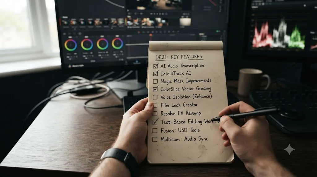 Illustration of a checklist of DaVinci Resolve 21 features with a few marked as relevant