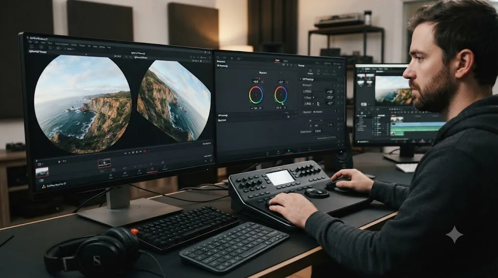 Illustration of a spherical VR video frame being rotated with Panomap controls in DaVinci Resolve 21