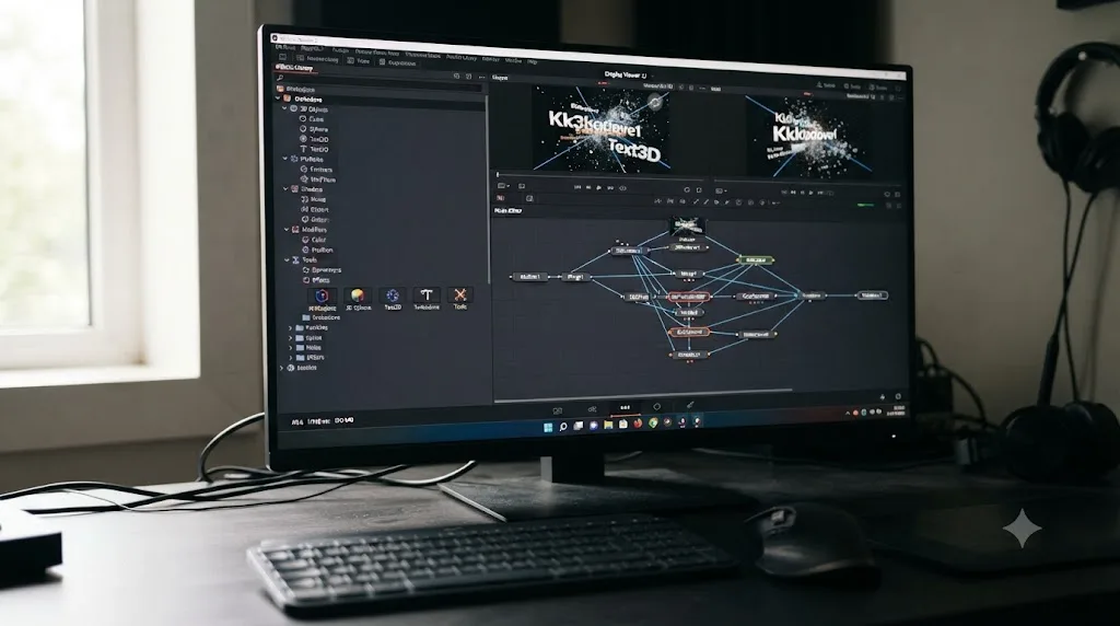 Illustration of the Krokodove motion graphics library open in the DaVinci Resolve 21 Fusion page